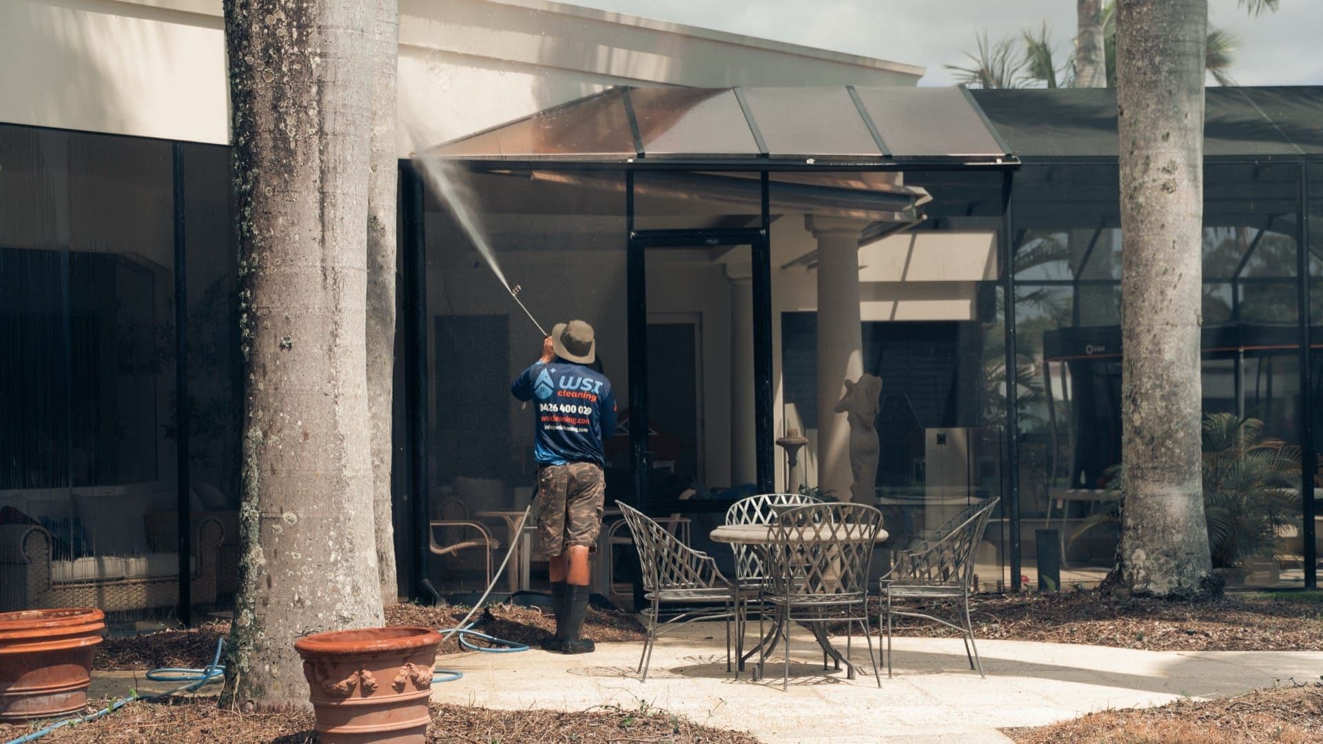 Commercial glass facade wash on a Brisbane office building